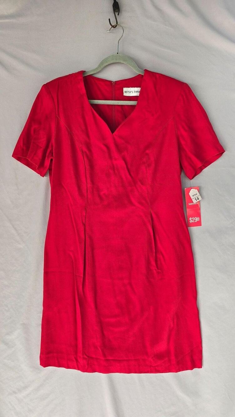 Vintage Betsy's Things Dress Womens 14 Red V Neck Short Sl Sheath Cocktail Party